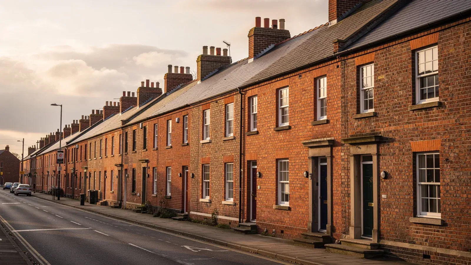 A long row of UK brick terraced houses along a street