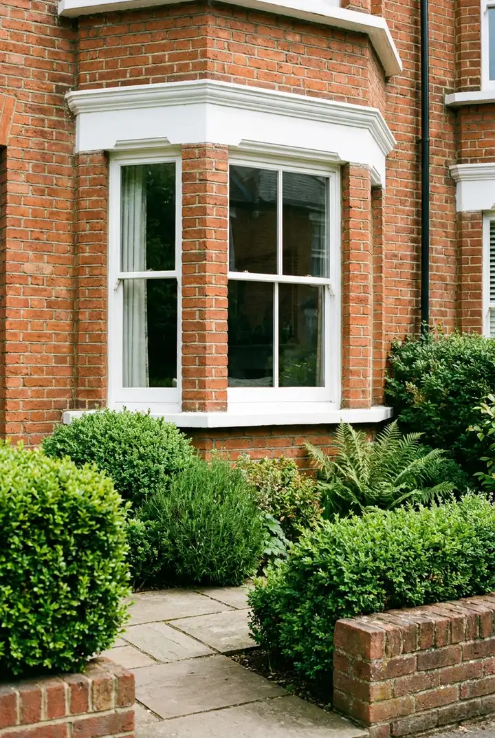 A red-brick Victorian bay window with a small front garden