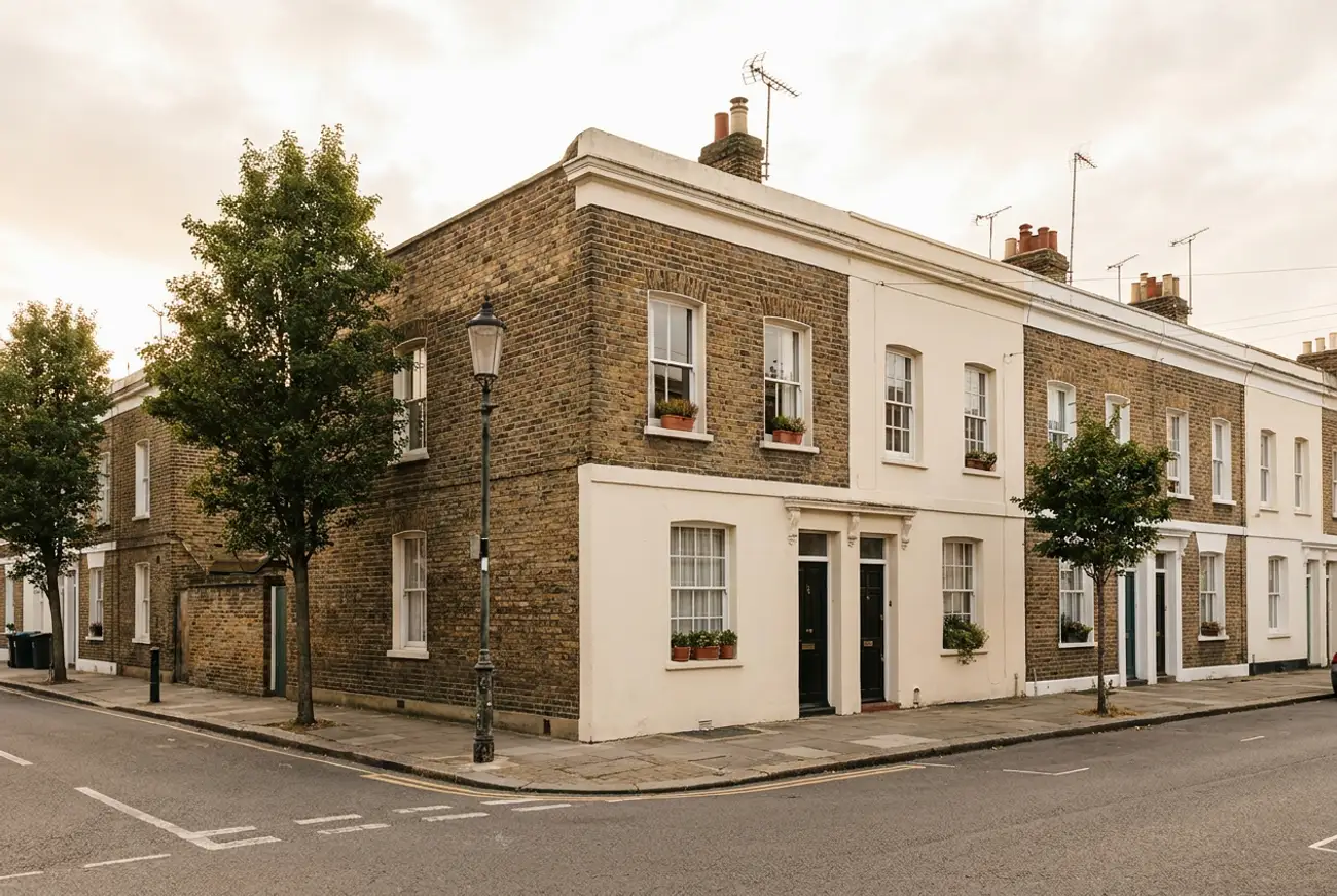 A quiet residential street of brick terraced houses
